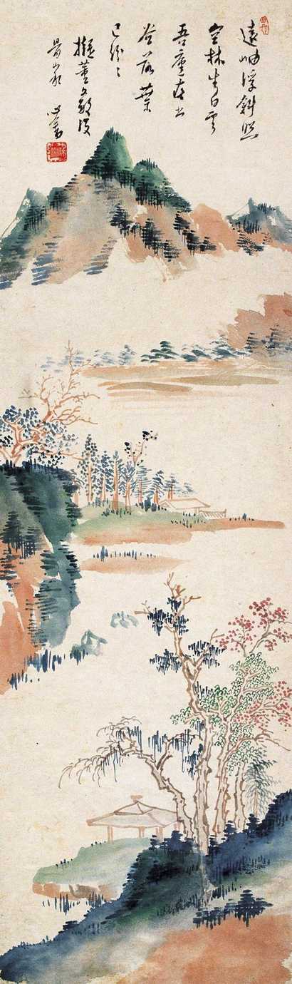 溥心畬 没骨山水远岫斜照图 立轴